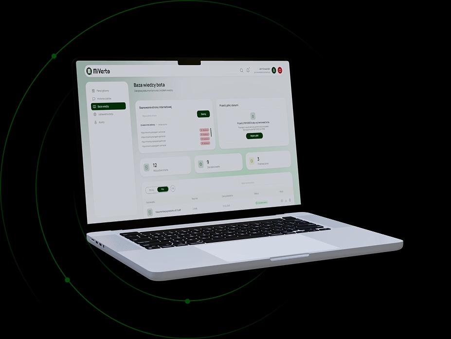 Laptop ukazujący panel MiVerto ze źródłami bazy wiedzy, wokół laptopa okręgi